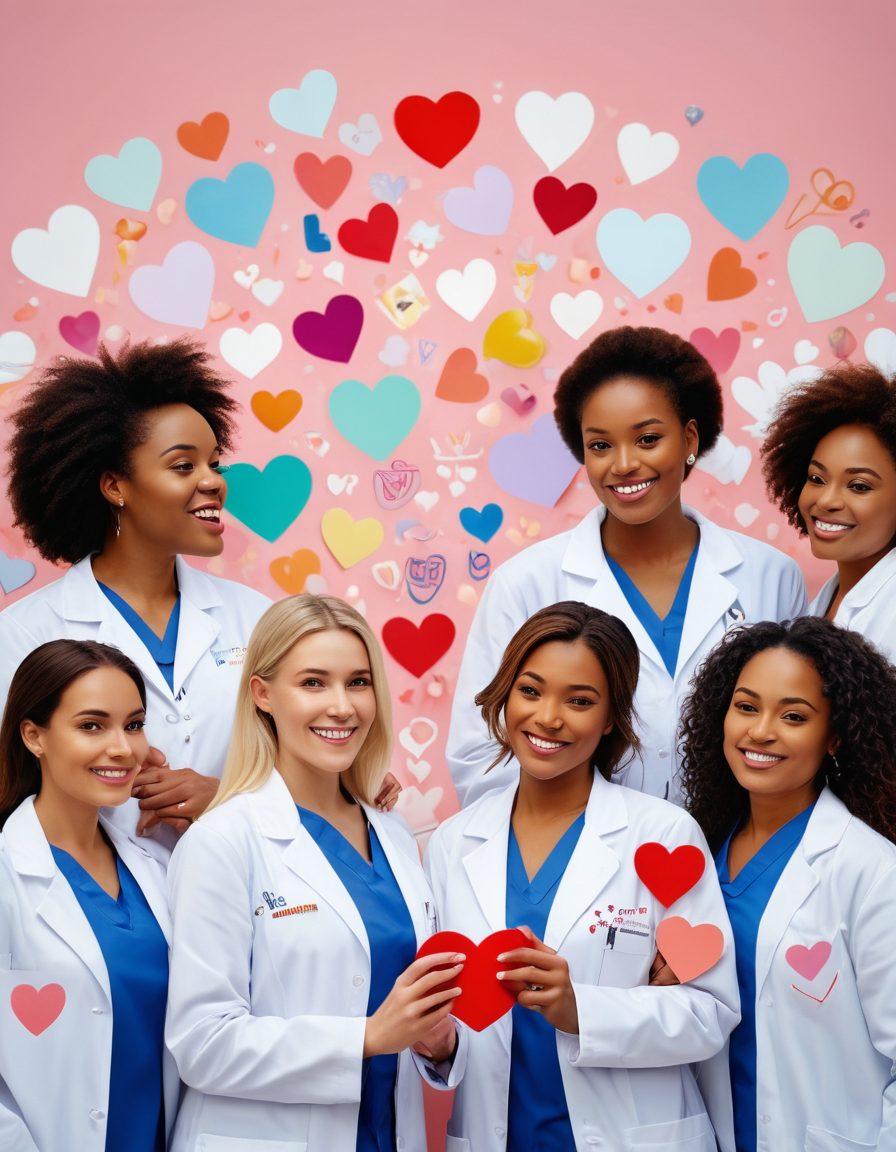 A diverse group of women in white lab coats, joyfully collaborating in a modern hospital setting, surrounded by symbols of love and wellness like heart shapes and medical tools. The background features soft pastel colors symbolizing hope and healing. Include elements representing the future of healthcare, like digital health screens and innovation. The scene radiates empowerment and unity among women in medicine. vibrant colors. super-realistic.