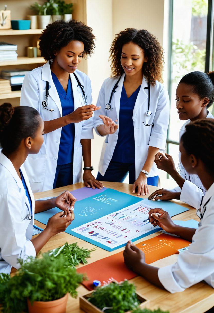 A diverse group of female healthcare professionals collaborating in a bright and modern medical setting, surrounded by symbols of wellness like herbs, yoga mats, and healthy food. They are engaged in discussion, showcasing unity and empowerment. Soft, warm lighting enhances the atmosphere of health and community. The background includes charts and medical tools, symbolizing the role of women in advancing medicine. vibrant colors. super-realistic.