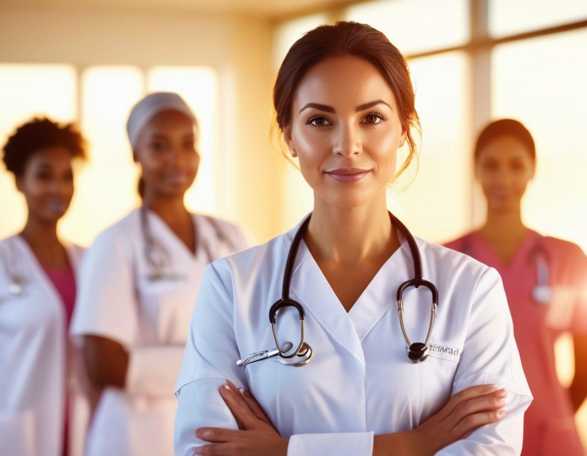 A confident female healthcare professional standing at the forefront, symbolizing leadership, surrounded by diverse women in medical attire collaborating in a modern hospital setting. Soft glowing light symbolizes empowerment and a brighter future. The background includes medical symbols and a rising sun, representing hope and a healthier tomorrow. super-realistic. vibrant colors. soft focus.